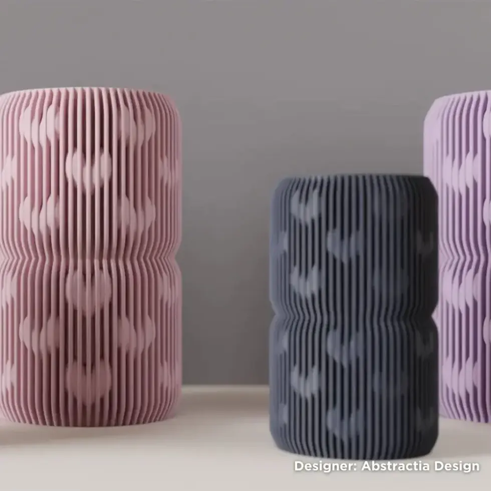 3D printed heart vase in pink, grey, and purple